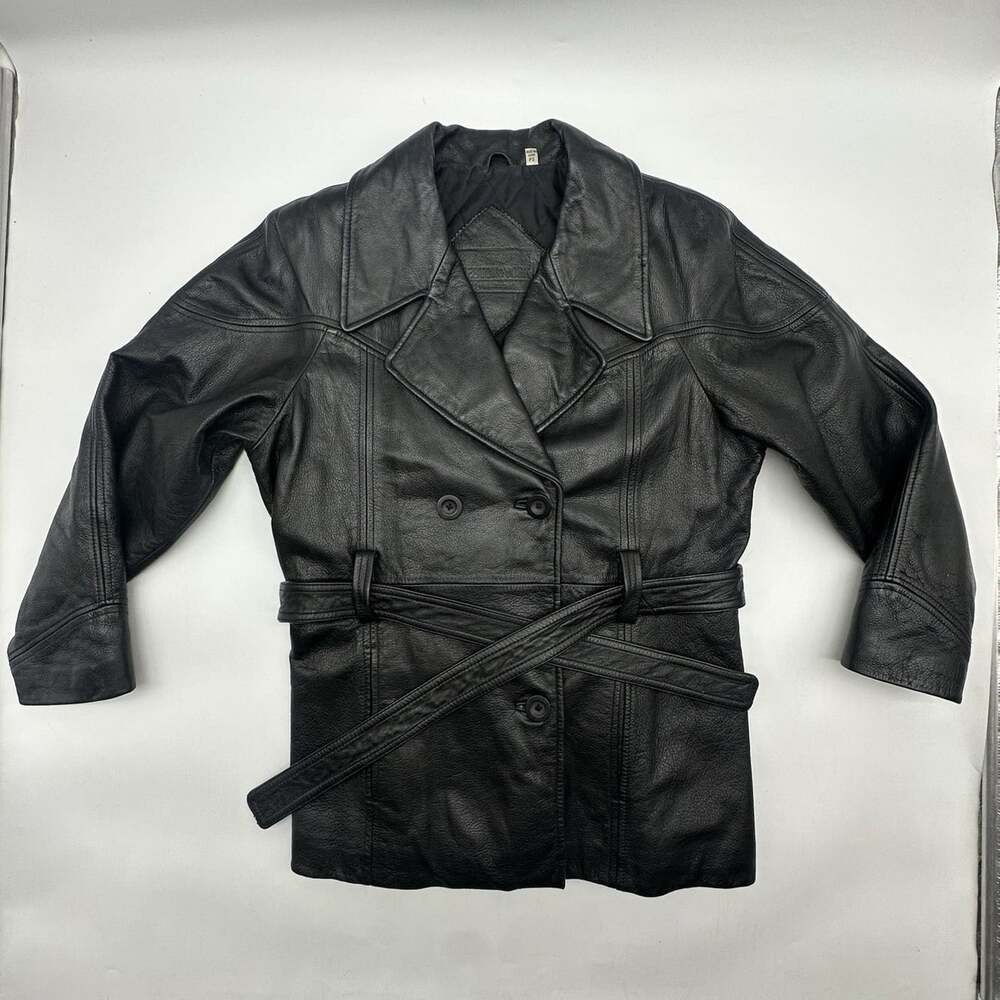Preston & York Size Petite Small Black Genuine Leather Belted Button Up Jacket